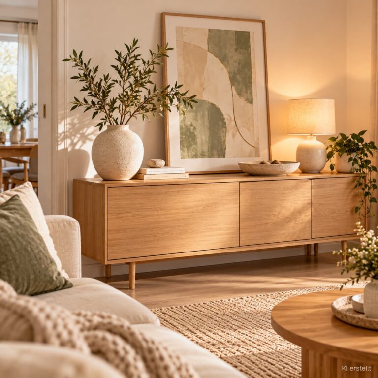 Wandgestaltung ohne Bohren mit sicher aufgestelltem Bilderrahmen, Vase und Tischleuchte auf einem Eichenholz-Sideboard.