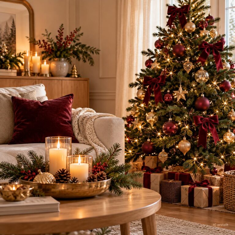 Elegante Weihnachtsdeko 2026 mit bordeauxroten Schleifen, goldenen Weihnachtskugeln und Tannengrün.