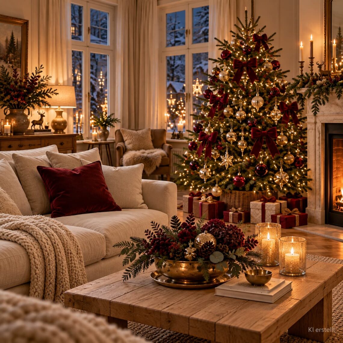 Weihnachtsdeko Trends 2026 mit Bordeaux, Tannengrün, goldenen Weihnachtskugeln und natürlicher Dekoration im Wohnzimmer.