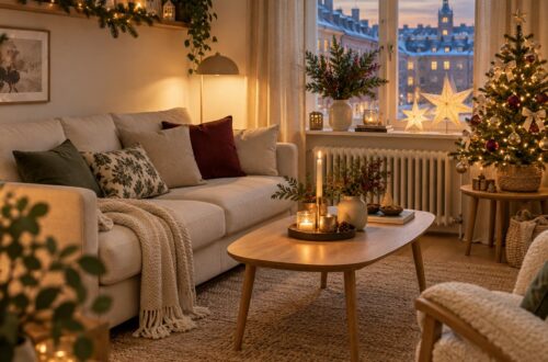 Weihnachtsdeko in einer kleinen Wohnung mit Mini-Weihnachtsbaum, Lichterkette und gemütlichem cremefarbenem Sofa.