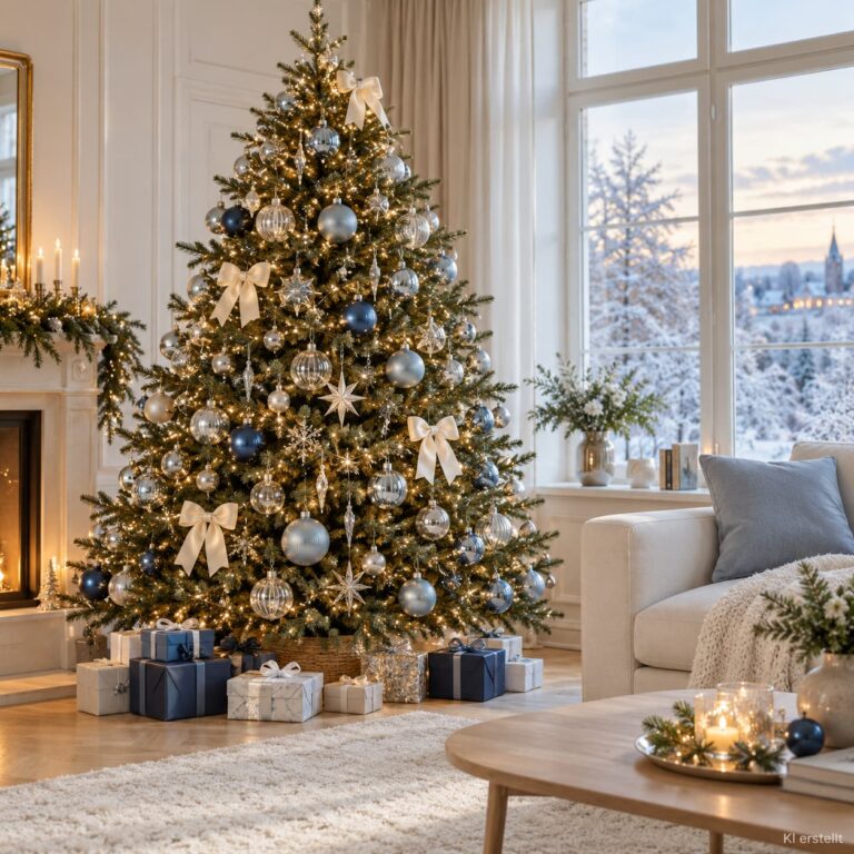 Weihnachtsdeko Trend 2026 in Eisblau und Silber mit Glaskugeln und winterlichem Weihnachtsbaum.
