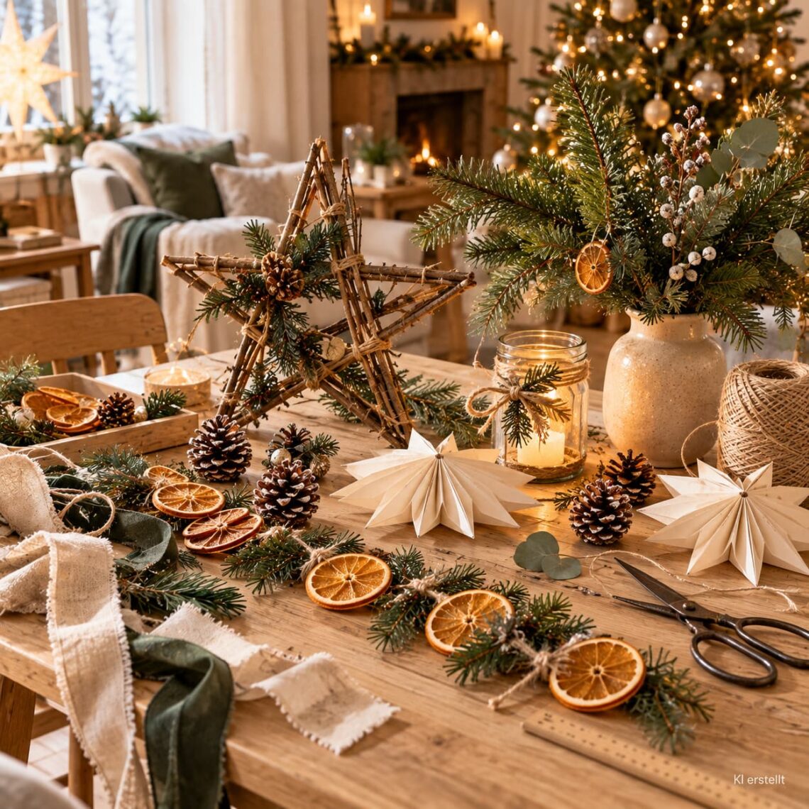 Selbstgemachte Weihnachtsdeko aus Naturmaterialien mit Tannenzapfen, getrockneten Orangenscheiben, Holzsternen und Tannengrün auf einem Basteltisch.