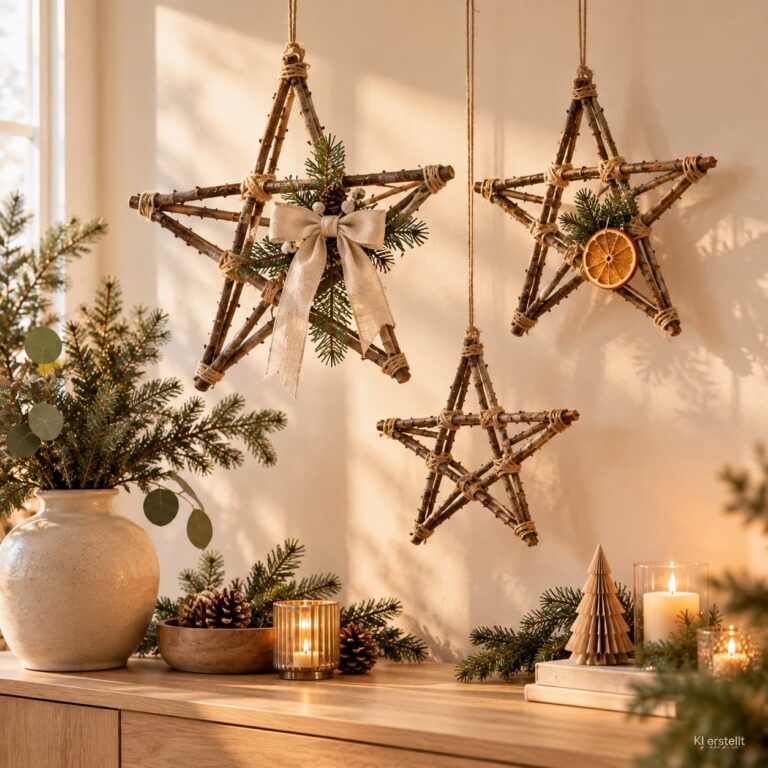 Selbstgemachte Weihnachtssterne aus fünf Naturzweigen mit Juteschnur und cremefarbenen Schleifen.