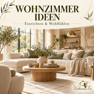 Helles, gemütliches Wohnzimmer mit cremefarbenem Sofa, salbeigrünen Kissen, Holzcouchtisch und natürlicher Dekoration. Quadratisches Wohnraum-Fee-Pinnwandcover mit der Aufschrift „Wohnzimmer Ideen“.
