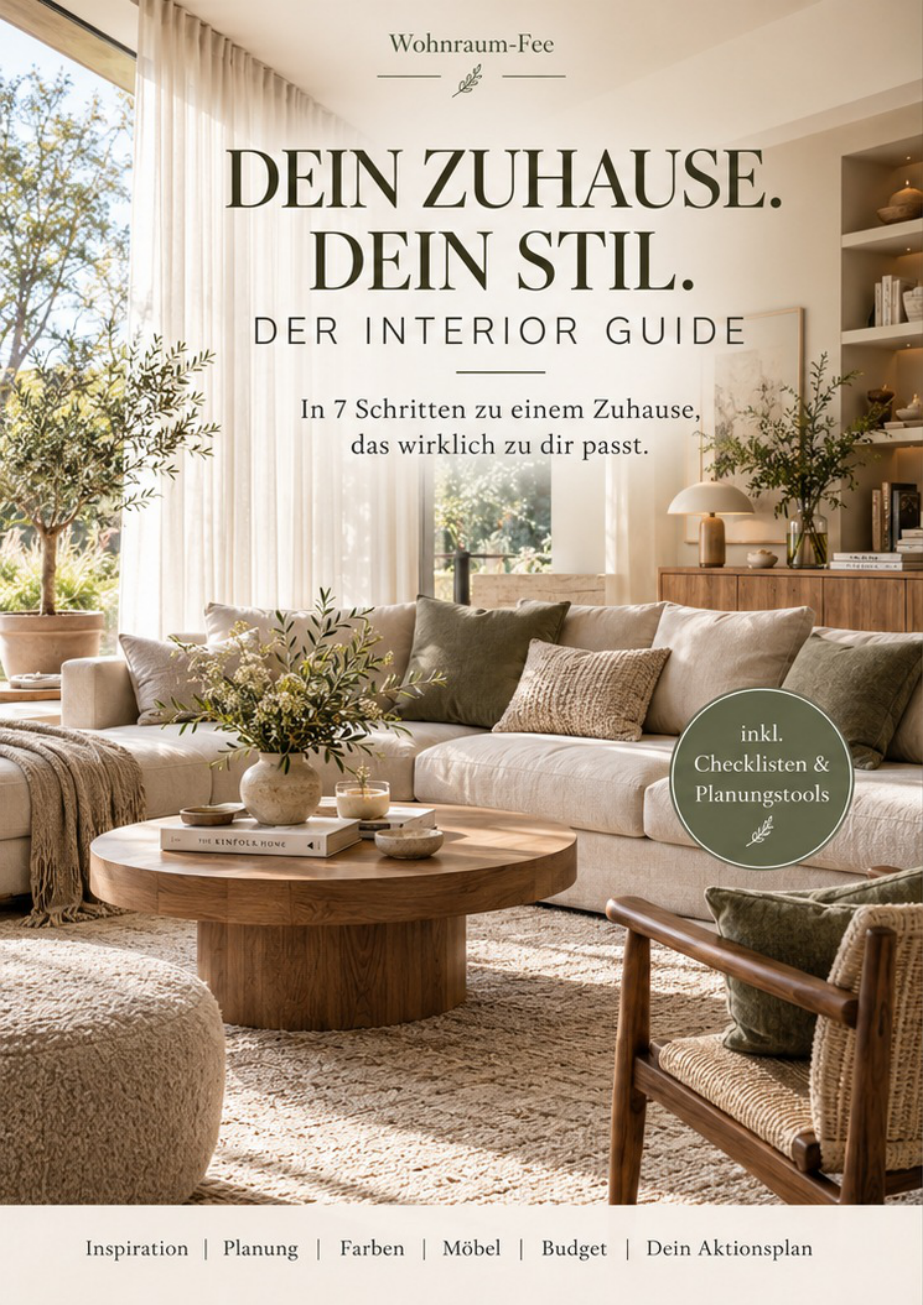Titelseite des kostenlosen Wohnraum-Fee Interior Guides Dein Zuhause. Dein Stil. mit hellem, natürlich eingerichtetem Wohnzimmer